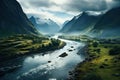 Landscape of Norway. Valley in the mountains with a river. The clouds descended onto the mountains. Generative AI Art. Beautiful Royalty Free Stock Photo