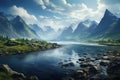 Landscape of Norway. Valley in the mountains with a river. The clouds descended onto the mountains. Generative AI Art. Beautiful Royalty Free Stock Photo