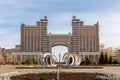 Landscape of Nur Sultan, Kazakhstan Astana with monumental Gate, Bayterek Tower.