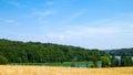 Landscape of oat field and Ostrzyckie lake, Wiezyca, Kashubian Region, Poland Royalty Free Stock Photo