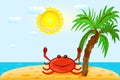 Red crab on beach. Summer seashore with cute smiling crab, island, palm, sea and sunny sky. Royalty Free Stock Photo