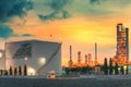 Landscape of oil refinery industry with oil storage tank. Royalty Free Stock Photo