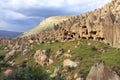 Landscape on old antique ancient residential caves in the mountains of Cappadocia