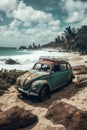 Landscape with an old car in a beautiful beach in brazil Generative AI Illustration Royalty Free Stock Photo