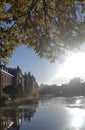 Landscape with an old castle in The Hague,the historic parliament on the river in the sunlight