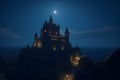 Landscape with old castle at night. Neural network AI generated