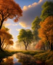 The landscape of an old deciduous forest painted in a romantic autumn misty sunset