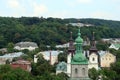 The landscape of the old part of the city of Lviv in Western Ukraine: historic buildings, cathedrals, architectural monuments, pav Royalty Free Stock Photo