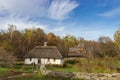 Landscape with old Ukrainian wooden rural house  Pyrohiv  Kyiv  Ukraine Royalty Free Stock Photo