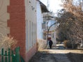 Landscape with old woman, walking between the bushes and houses in town. Royalty Free Stock Photo