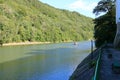 Landscape of Olt Valley with Olt river and Cozia Mountains in Romania