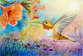 Landscape original painting on paper colorful of hummingbird Royalty Free Stock Photo