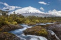 Landscape of the Osorno volcano with the Petrohue waterfalls and