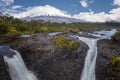 Landscape of the Osorno volcano with the Petrohue waterfalls and river in the foreground in the lake district near Puerto Varas