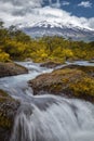 Landscape of the Osorno volcano with the Petrohue waterfalls and river in the foreground in the lake district near Puerto Varas