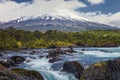 Landscape of the Osorno volcano with the Petrohue waterfalls and river in the foreground in the lake district near Puerto Varas