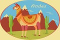 Landscape in oval frame with Andes Mountains, cacti and llamas. Background for zoo, tourism, souvenir, card, advertising. Stylized