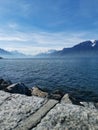 Landscape over lake Geneva and the dents du midi with bluesky Royalty Free Stock Photo