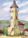 Etude painted with gouache. Romania, Piatra Neamt. Stephen`s Tower