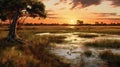 Hyper-realistic Sunset Illustration Of Wetland With Avian Theme Royalty Free Stock Photo