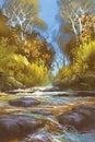 Landscape painting of creek in forest