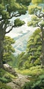 Art Nouveau Forest Scene: Rocks, Green Trees, And Mountains