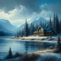 A landscape painting with log cabin on the steely blue sky.