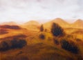 Landscape painting. Miscellaneous and trees. Mountains in the background.