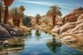 Landscape painting of an oasis with date palms in the African desert