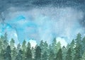 Landscape painting of pine trees in winter while snow