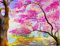 Landscape painting pink color of wild himalayan cherry with cyclist