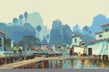 Landscape painting of river village Royalty Free Stock Photo