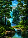 Landscape painting of trees and waterfalls with house. Beautiful picture of nature.