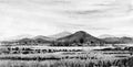Landscape paintings black and white drawing of mountain farm garden Royalty Free Stock Photo