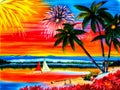 Landscape paintings of the seafront with palm trees and fireworks with a beautiful red-blue sky. Royalty Free Stock Photo