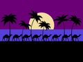 Landscape with palm trees and camels at dawn. Black silhouettes of palm trees on the shore in a minimalist style. Camel caravan at Royalty Free Stock Photo