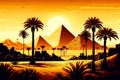 landscape with palm trees and egyptian pyramids among sunny hot desert Royalty Free Stock Photo