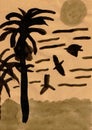 Landscape with Palms, Birds and Sun - Kraft Paper - Hand-Painted Ink Painting Royalty Free Stock Photo