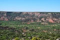 Landscape of Palo Duro Canyon State Park with lush green vegetation and rock formations in Texas