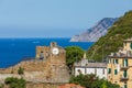 Landscape panorama with castle of Riomaggiore, historic building located in the upper part of the historic center of Riomaggiore,