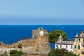 Landscape panorama with castle of Riomaggiore, historic building located in the upper part of