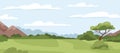 Landscape panorama with green grass, trees, mountains, sky horizon and clouds. Countryside summer nature with grassland