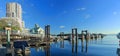 Landscape Panorama of Nanaimo Harbour with Docks and Fishing Boats in Morning Light, Vancouver Island, British Columbia, Canada Royalty Free Stock Photo