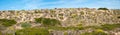 Landscape panorama sandy dunes, Costa Vicentina with blooming mediterranean vegetation Royalty Free Stock Photo