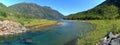 BC Landscape Panorama of Thelwood Creek Estuary at Buttle Lake, Vancouver Island Mountains, Strathcona Provincial Park