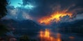 landscape panorama with thunderstorms and bright thunderbolt lightning in night sky in nature over lake with mountains Royalty Free Stock Photo