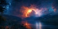 landscape panorama with thunderstorms and thunderbolt lightning in dramatic night sky in nature over lake with mountains Royalty Free Stock Photo