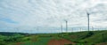 Landscape of panorama wind turbines in agricultural fields with cloudy sky. Renewable friendly energy concept