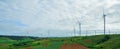 Landscape of panorama wind turbines in agricultural fields with cloudy sky. Renewable friendly energy concept