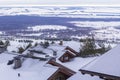 Landscape panoramic view of the alpine huts in the ski resort